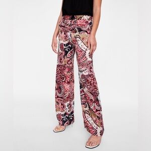 Zara Size L Basic Collection Women’s Paisley Printed Wide Leg Satin Pants